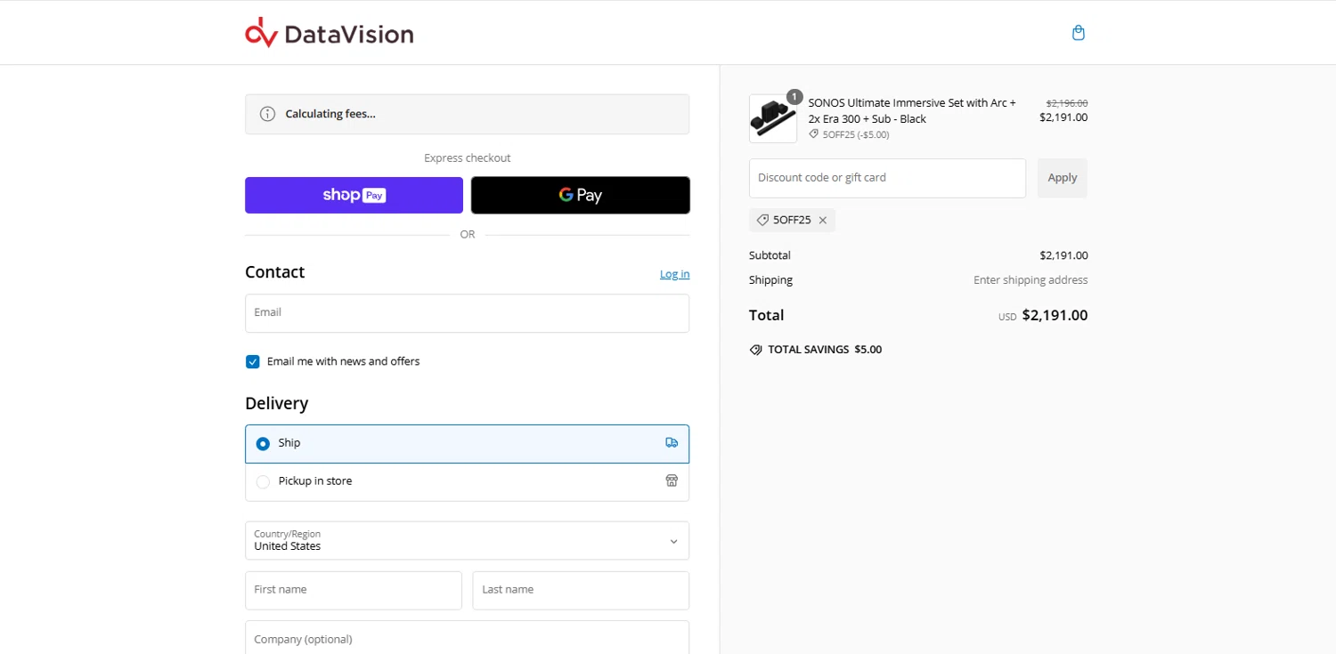 DataVision coupon code screenshot showing code 5OFF25 applied at DataVision checkout page. Uploaded by SimplyCodes community member dimitriv on Jan 18, 2025