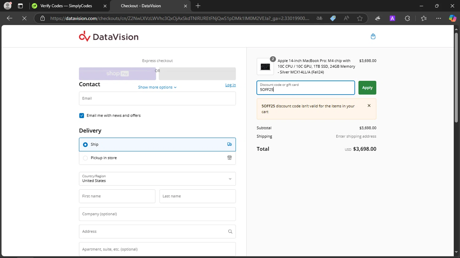 DataVision coupon code screenshot showing code 5OFF25 applied at DataVision checkout page. Uploaded by SimplyCodes community member SmartScholar9589 on Jan 4, 2025