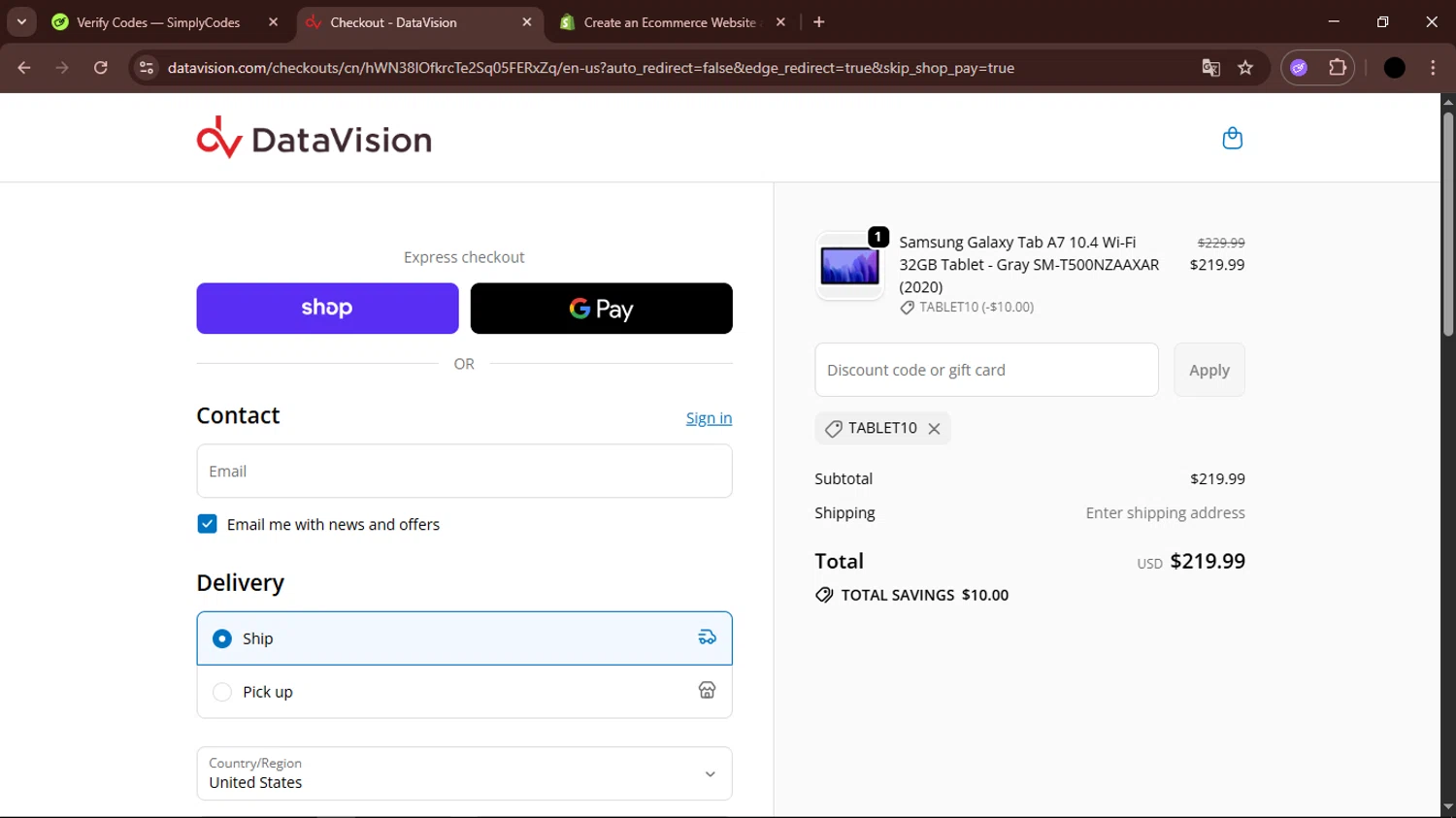DataVision coupon code screenshot showing code TABLET10 applied at DataVision checkout page. Uploaded by SimplyCodes community member FrugalTiger5589 on Sep 19, 2025