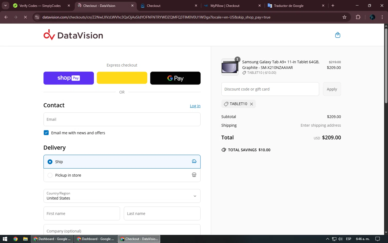 DataVision coupon code screenshot showing code TABLET10 applied at DataVision checkout page. Uploaded by SimplyCodes community member Kurokenshi on Jun 4, 2025