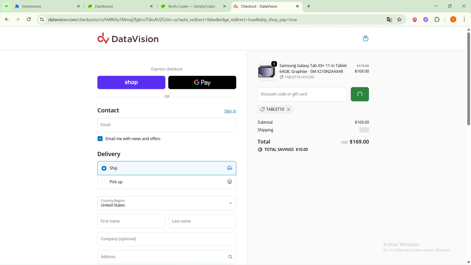 DataVision coupon code screenshot showing code TABLET10 applied at DataVision checkout page. Uploaded by SimplyCodes community member MightyPro2893 on Oct 9, 2025