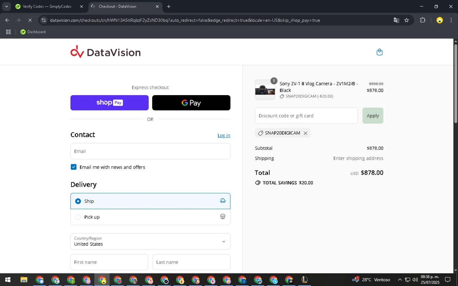 DataVision coupon code screenshot showing code SNAP20DIGICAM applied at DataVision checkout page. Uploaded by SimplyCodes community member SavingsElite8466 on Jul 26, 2025