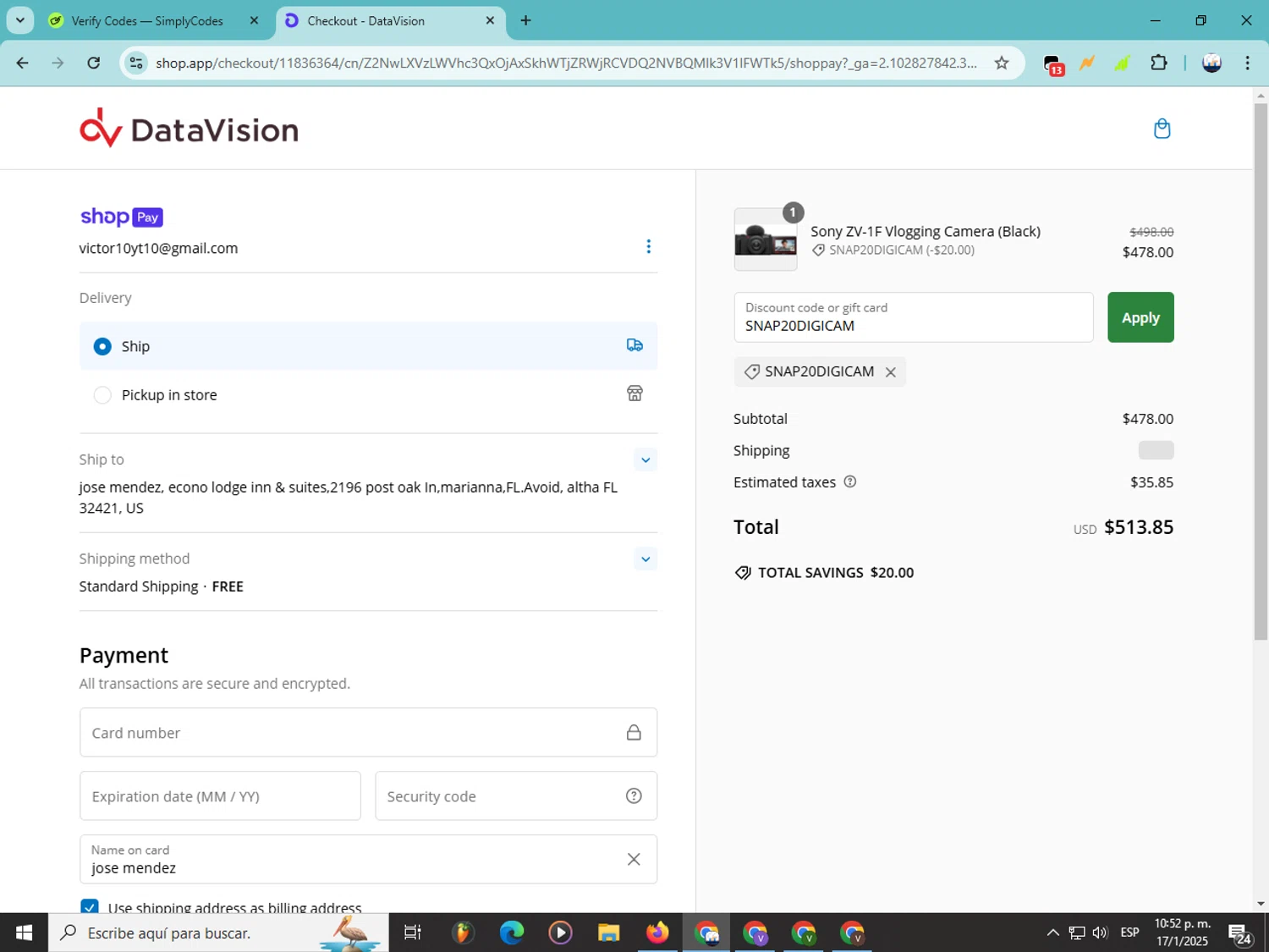 DataVision coupon code screenshot showing code SNAP20DIGICAM applied at DataVision checkout page. Uploaded by SimplyCodes community member Soyvictor on Jan 18, 2025