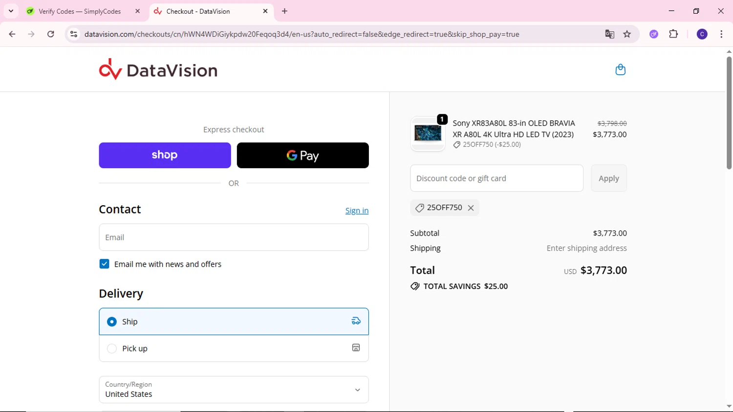 DataVision coupon code screenshot showing code 25OFF750 applied at DataVision checkout page. Uploaded by SimplyCodes community member MoneyWizard2699 on Oct 25, 2025