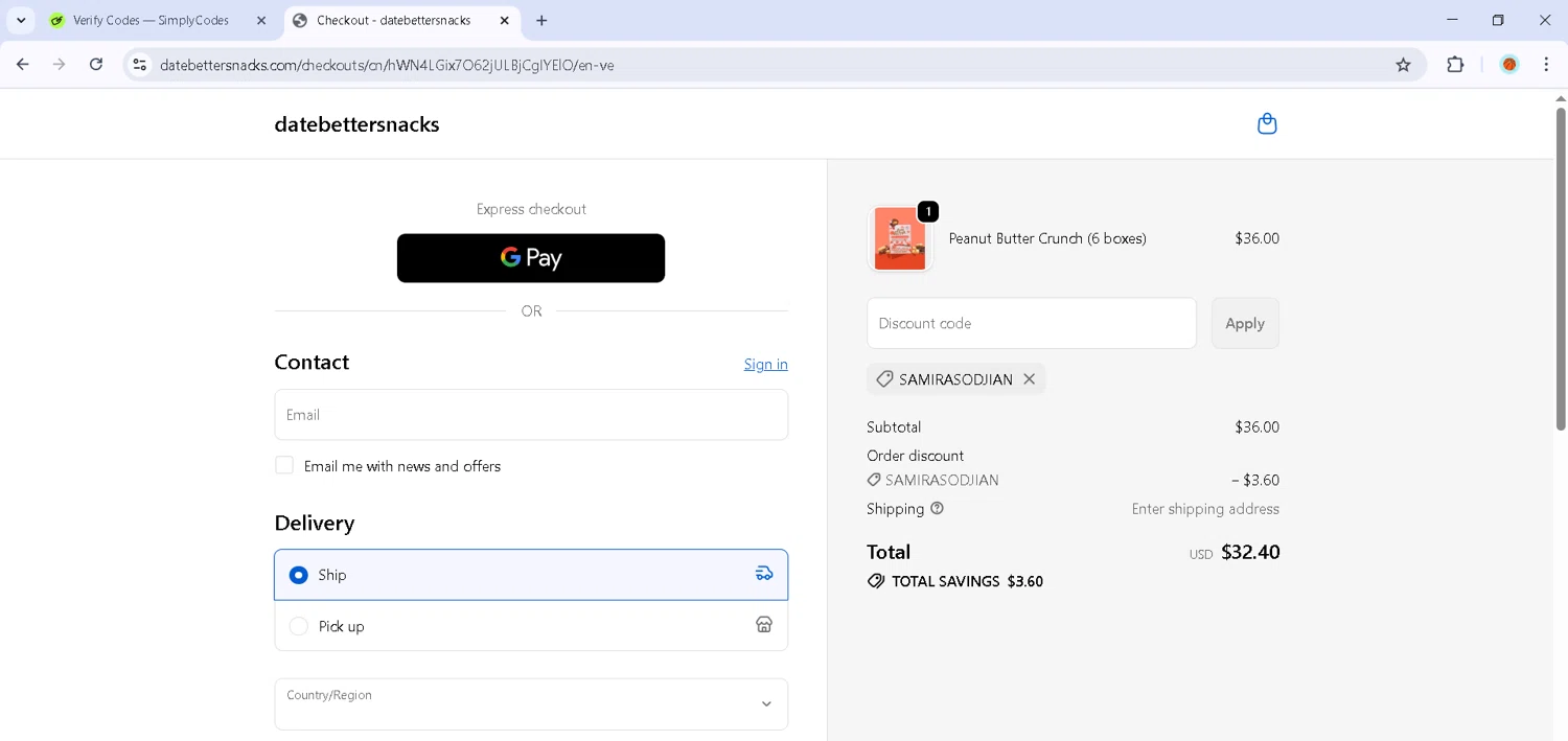 Date Better promo code screenshot showing code SAMIRASODJIAN applied at Date Better checkout page. Uploaded by SimplyCodes community member Estefani4 on Oct 20, 2025
