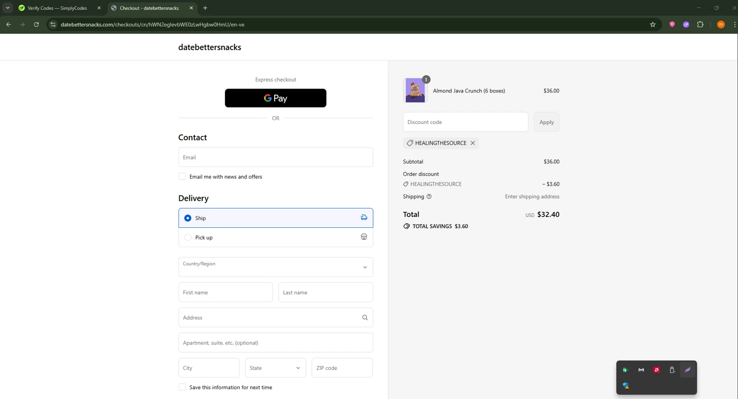Date Better promo code screenshot showing code Healingthesource applied at Date Better checkout page. Uploaded by SimplyCodes community member Davoxeneixe on Sep 6, 2025