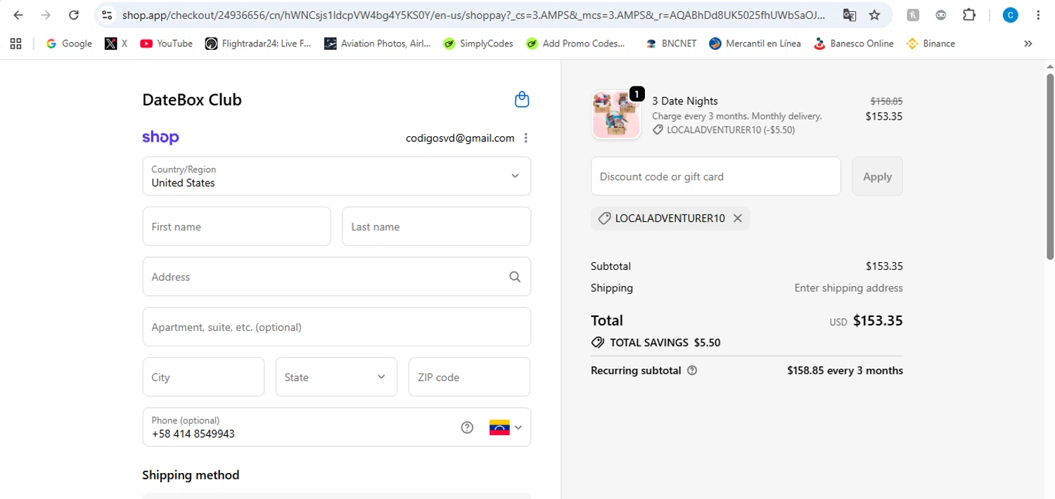 DateBox Club promo code screenshot showing code LOCALADVENTURER10 applied at DateBox Club checkout page. Uploaded by SimplyCodes community member victor on Jun 2, 2026