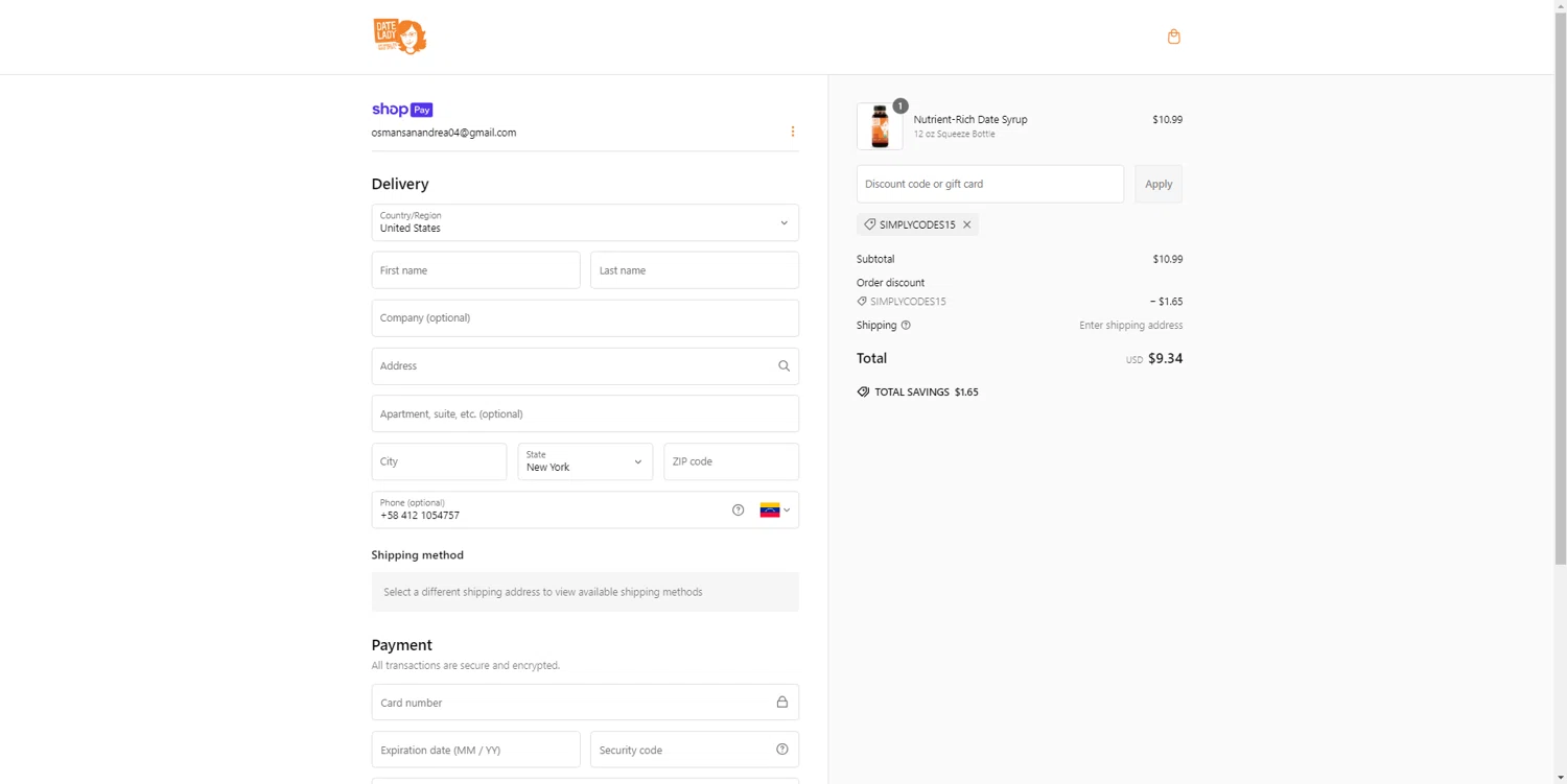 Date Lady promo code screenshot showing code SIMPLYCODES15 applied at Date Lady checkout page. Uploaded by SimplyCodes community member ElonMusk on Jan 31, 2025