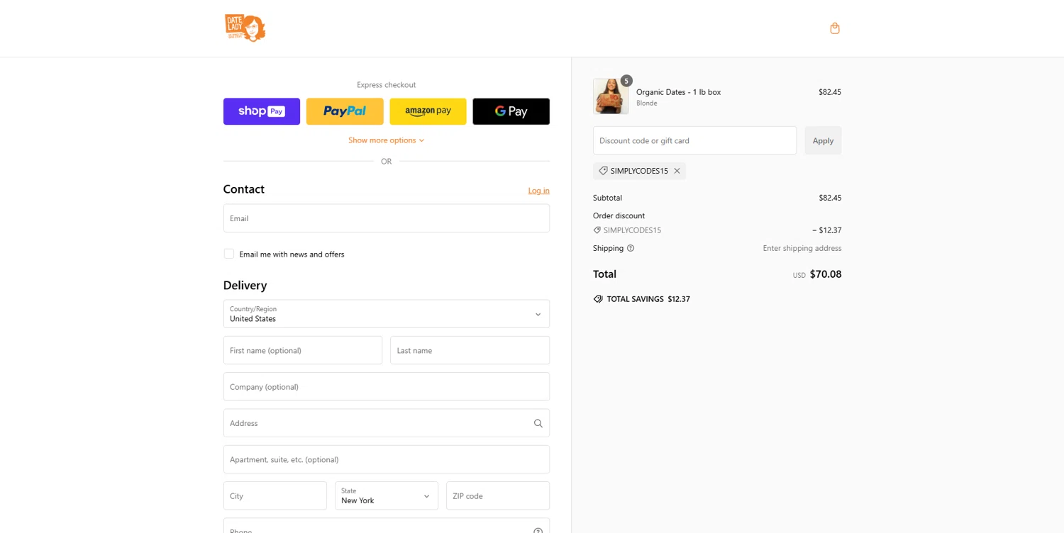 Date Lady promo code screenshot showing code SIMPLYCODES15 applied at Date Lady checkout page. Uploaded by SimplyCodes community member BrilliantVoyager5752 on Jan 2, 2025