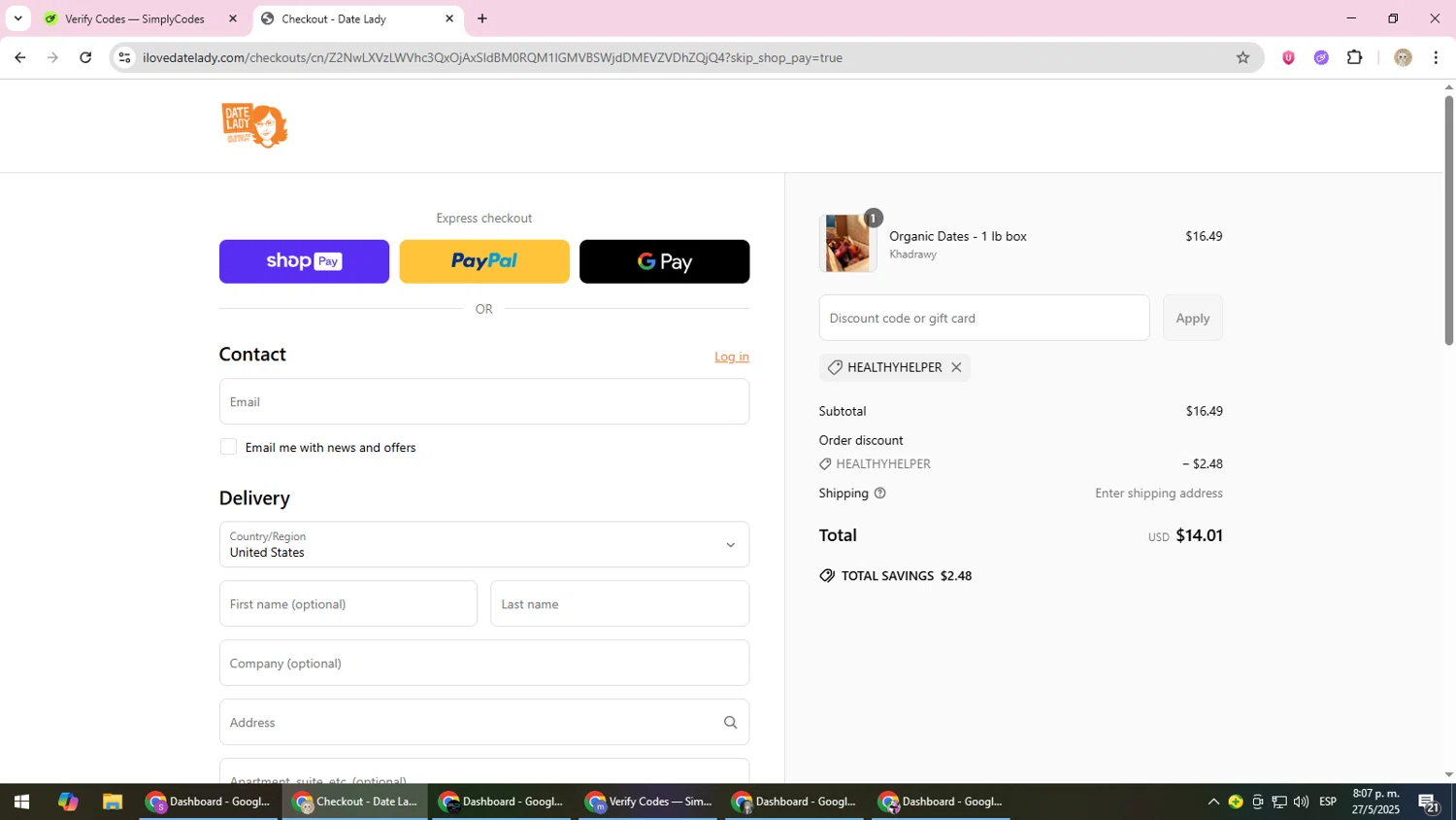Date Lady promo code screenshot showing code HEALTHYHELPER applied at Date Lady checkout page. Uploaded by SimplyCodes community member NobleScholar4826 on May 28, 2025