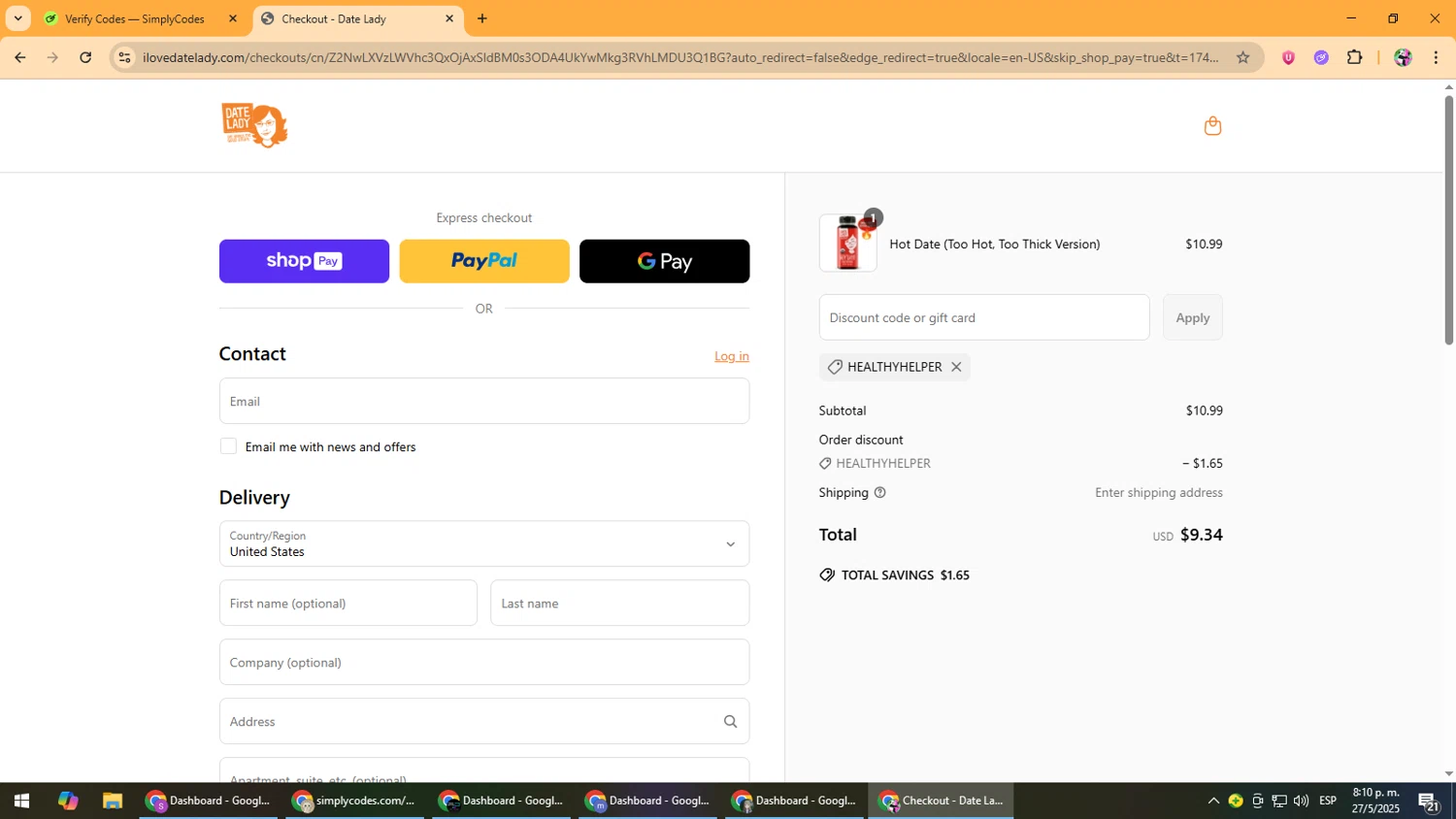 Date Lady promo code screenshot showing code HEALTHYHELPER applied at Date Lady checkout page. Uploaded by SimplyCodes community member Vanmanuel on May 28, 2025