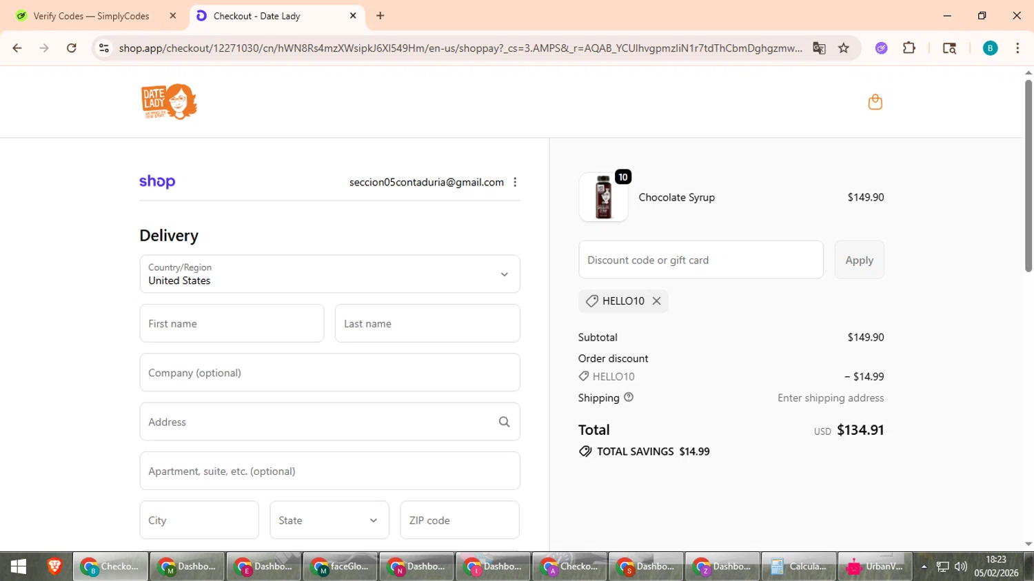 Date Lady checkout page showing Date Lady promo code box | Screenshot taken by SimplyCodes community member on Feb 5, 2026