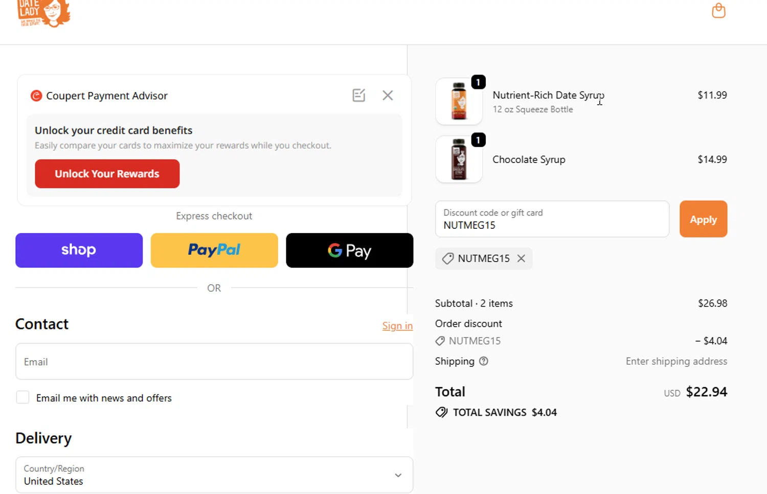 Date Lady promo code screenshot showing code NUTMEG15 applied at Date Lady checkout page. Uploaded by SimplyCodes community member ANGELIUS on Feb 5, 2026