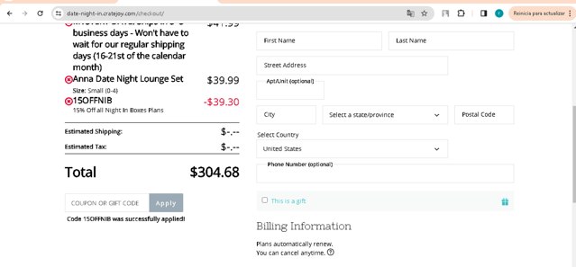 Date Night In checkout page showing Date Night In promo code box | Screenshot taken by SimplyCodes community member on Mar 29, 2024