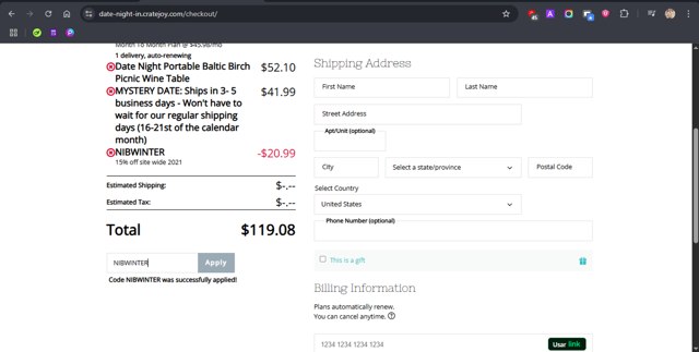 Date Night In checkout page showing Date Night In promo code box | Screenshot taken by SimplyCodes community member on Aug 4, 2025