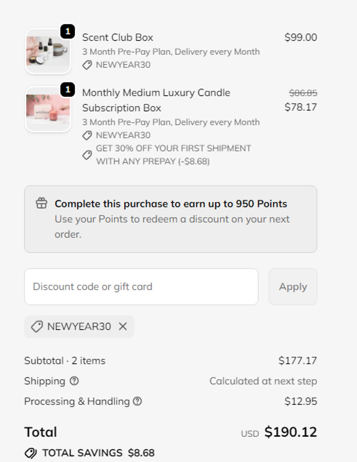 Date Night In promo code screenshot showing code NEWYEAR30 applied at Date Night In checkout page. Uploaded by SimplyCodes community member RonaldAcunaJr on Feb 18, 2026
