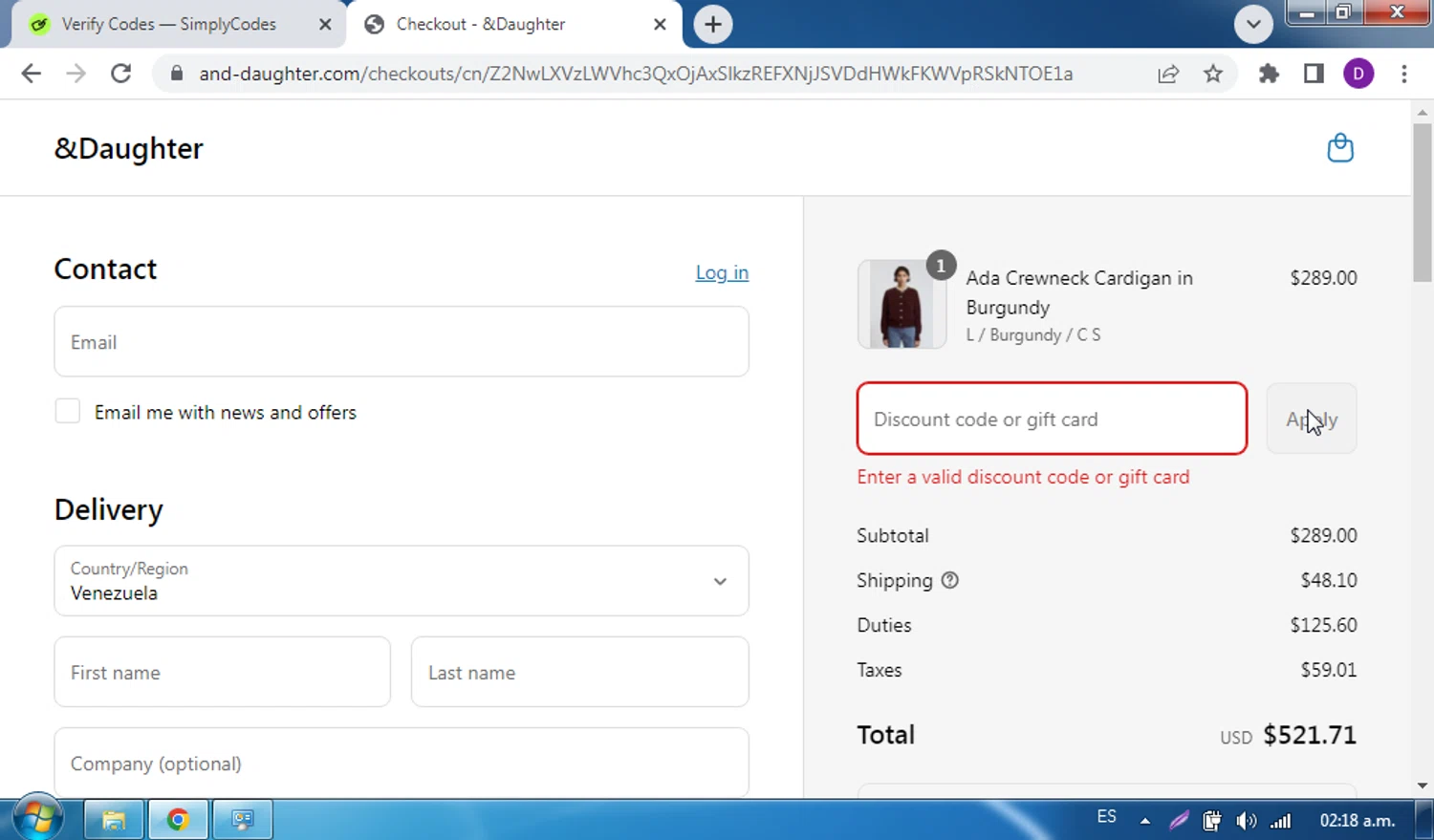 And-Daughter promo code screenshot showing code Sophiet30 applied at And-Daughter checkout page. Uploaded by SimplyCodes community member CleverPro5319 on Jun 19, 2025
