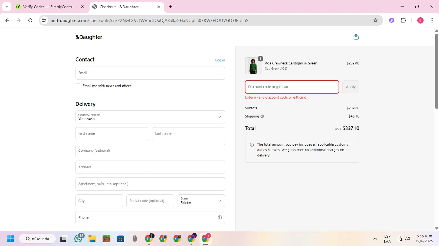 And-Daughter promo code screenshot showing code Sophiet30 applied at And-Daughter checkout page. Uploaded by SimplyCodes community member VoucherExpert2930 on Jun 19, 2025