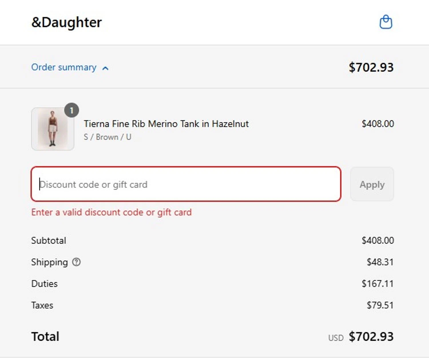 And-Daughter promo code screenshot showing code &DAUGHTER50 applied at And-Daughter checkout page. Uploaded by SimplyCodes community member MagnificentCollector7829 on Aug 27, 2025