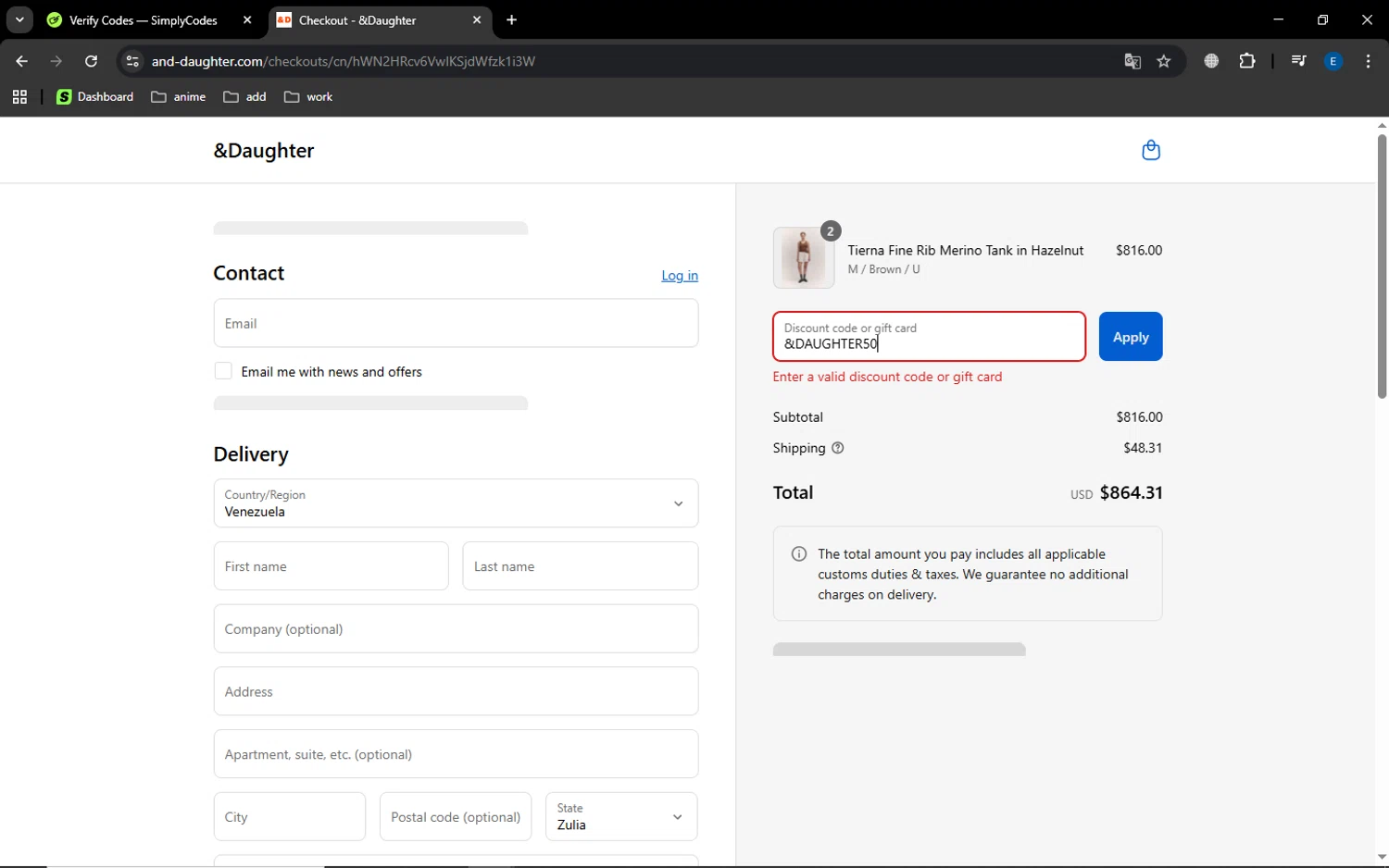 And-Daughter promo code screenshot showing code &DAUGHTER50 applied at And-Daughter checkout page. Uploaded by SimplyCodes community member MoneyGenius452 on Aug 27, 2025