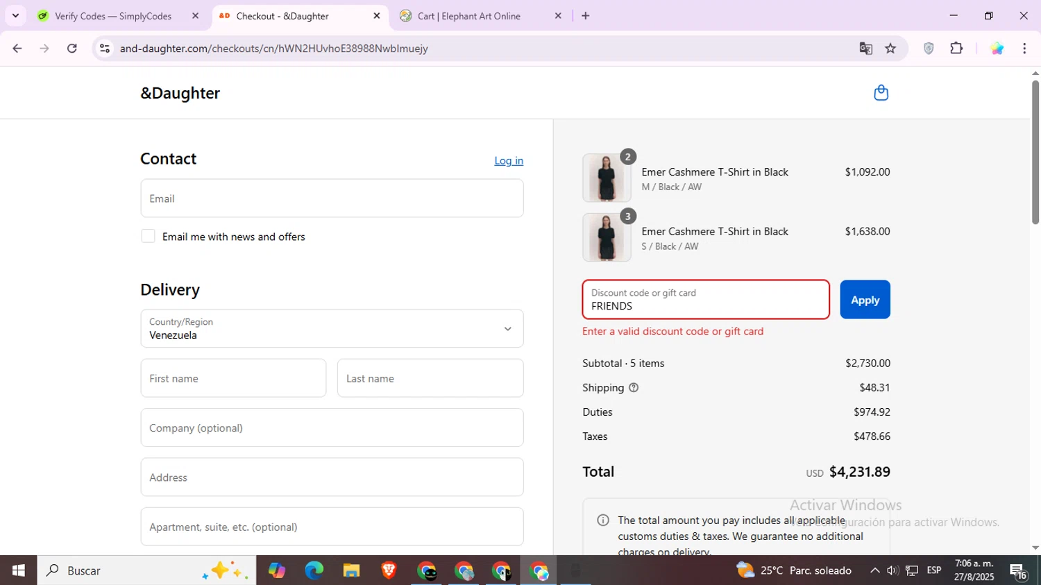 And-Daughter promo code screenshot showing code FRIENDS applied at And-Daughter checkout page. Uploaded by SimplyCodes community member Estrellitacoairis on Aug 27, 2025