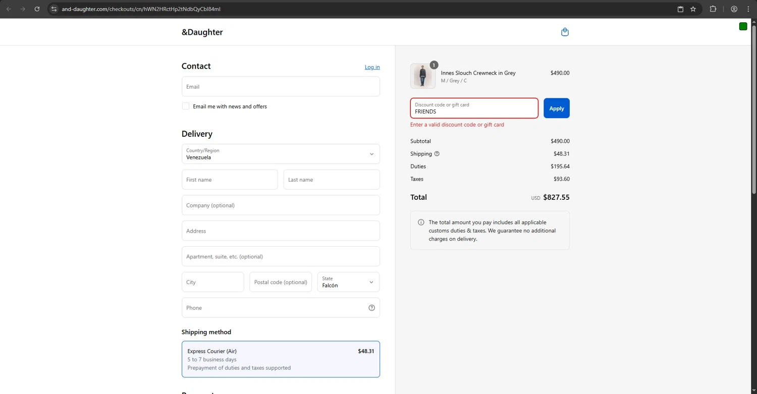 And-Daughter promo code screenshot showing code FRIENDS applied at And-Daughter checkout page. Uploaded by SimplyCodes community member TheNewAge on Aug 27, 2025
