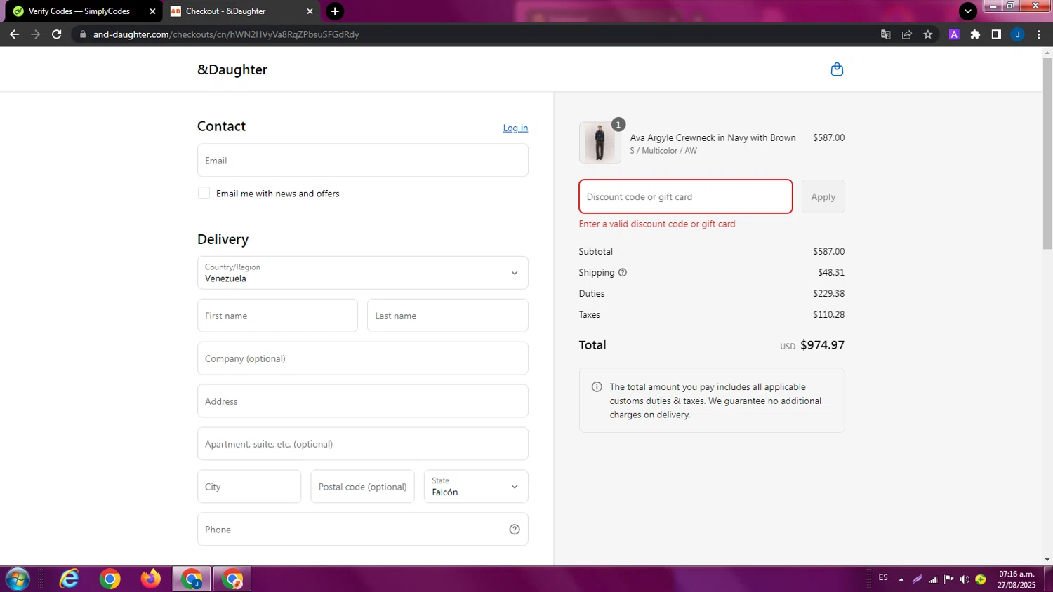 And-Daughter promo code screenshot showing code FRIENDS30 applied at And-Daughter checkout page. Uploaded by SimplyCodes community member ExtraordinaryPhoenix9295 on Aug 27, 2025