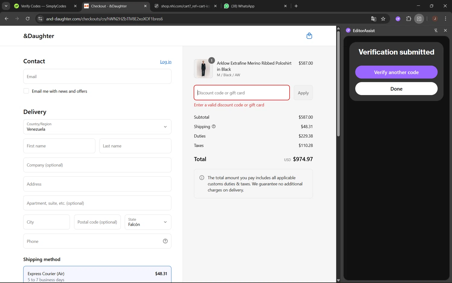 And-Daughter promo code screenshot showing code FRIENDS30 applied at And-Daughter checkout page. Uploaded by SimplyCodes community member juanx1702 on Aug 27, 2025