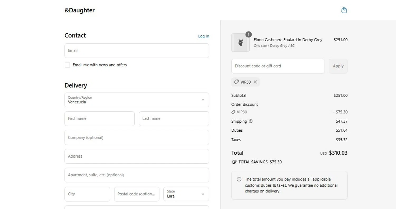 And-Daughter promo code screenshot showing code VIP30 applied at And-Daughter checkout page. Uploaded by SimplyCodes community member frankrivero on Aug 1, 2025