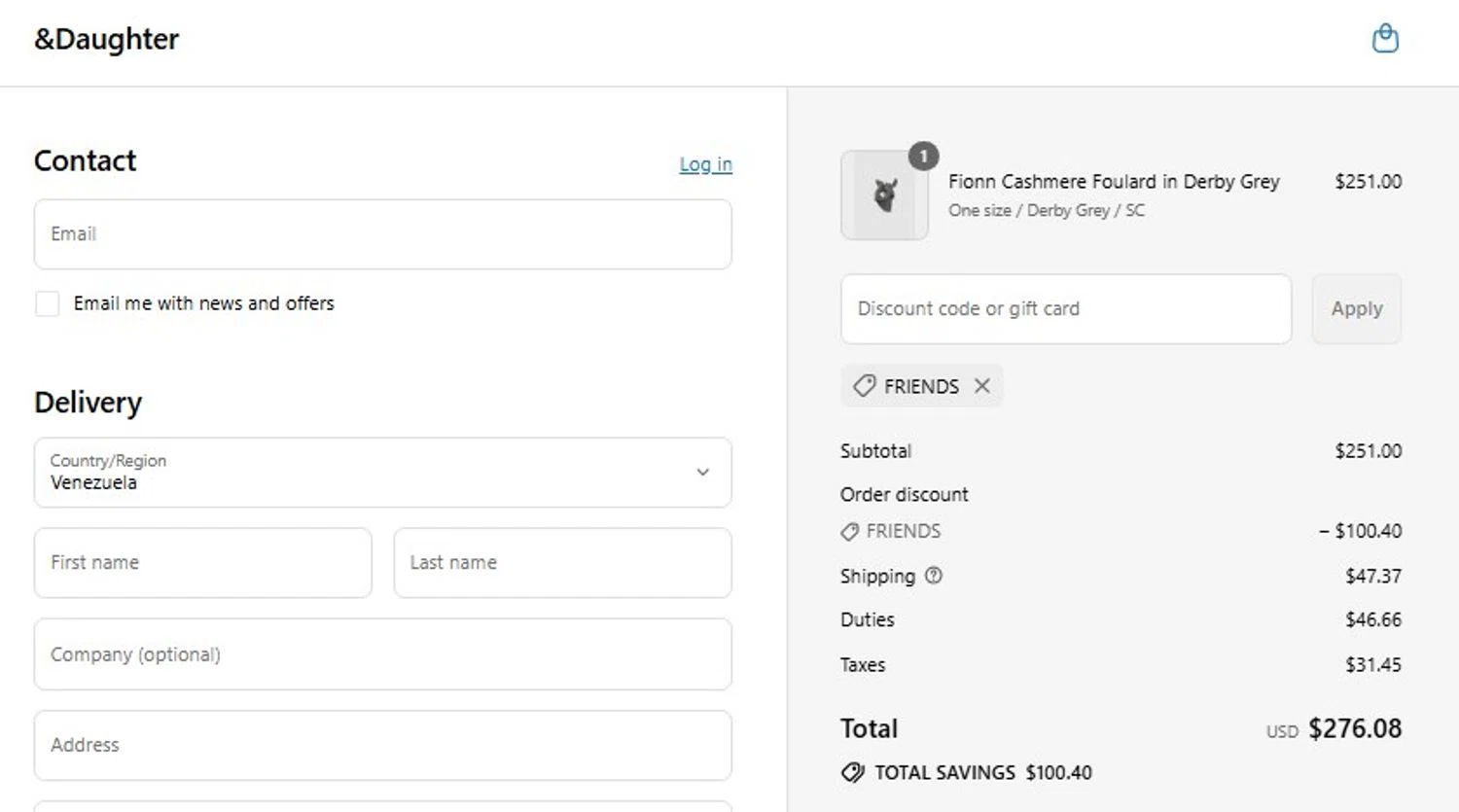And-Daughter promo code screenshot showing code FRIENDS applied at And-Daughter checkout page. Uploaded by SimplyCodes community member frankrivero on Aug 2, 2025