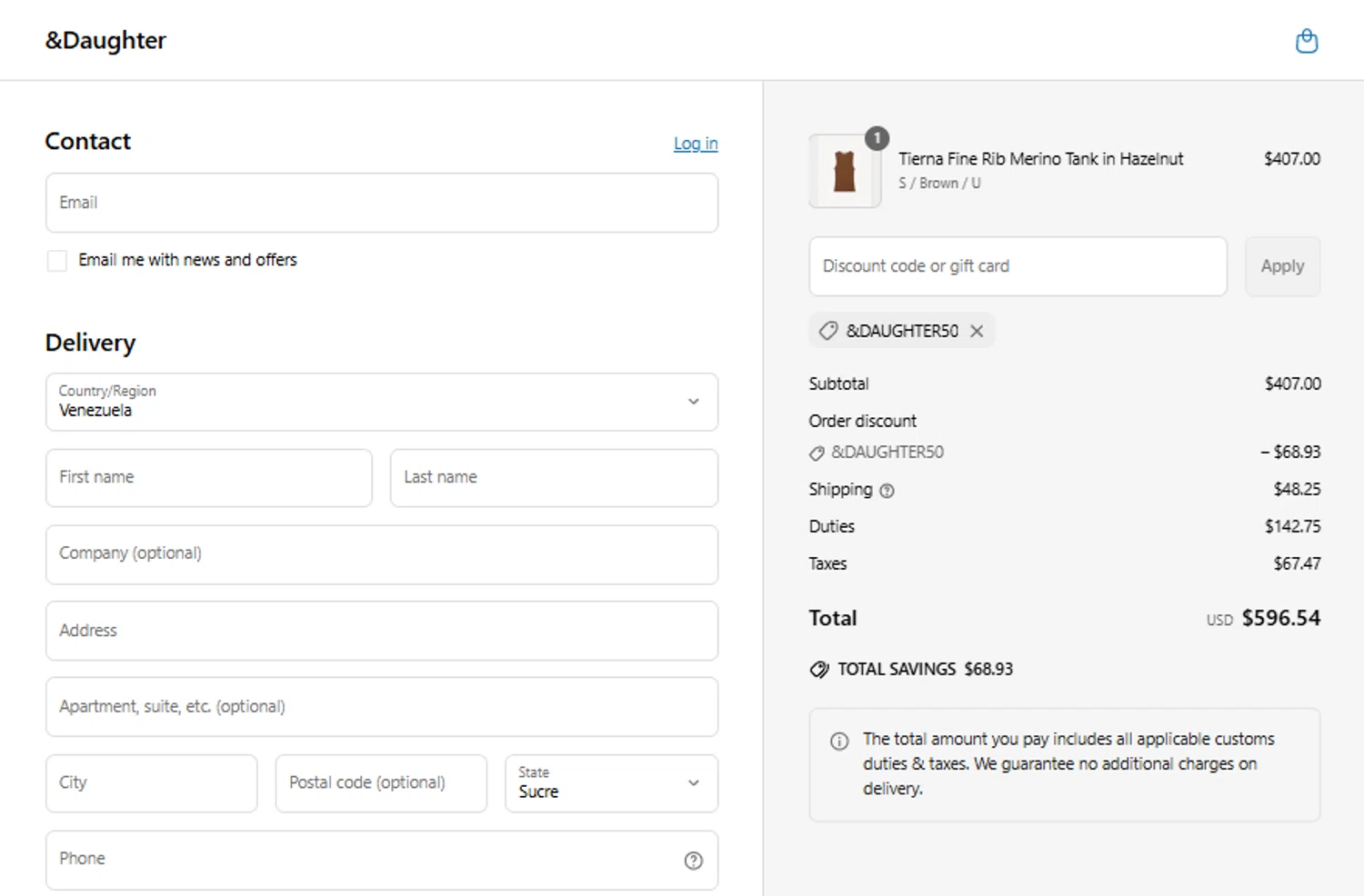 And-Daughter promo code screenshot showing code &DAUGHTER50 applied at And-Daughter checkout page. Uploaded by SimplyCodes community member gabrielponce on Jun 22, 2025