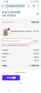 Daughters of India coupon verification screenshot