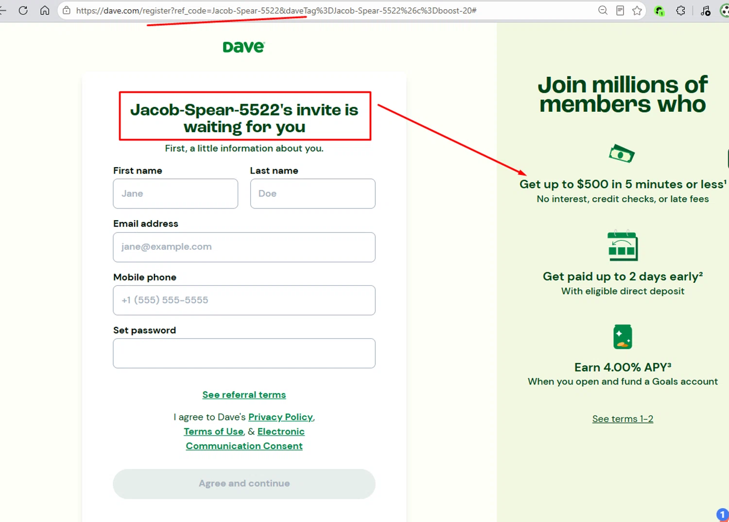 Dave promo code screenshot showing code Jacob-Spear-5522 applied at Dave checkout page. Uploaded by SimplyCodes community member paola49520 on Jun 3, 2026