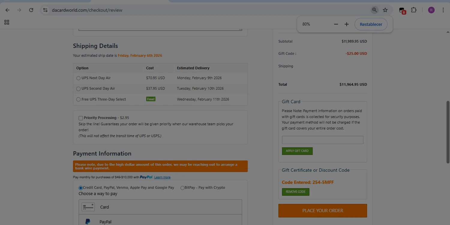 Dave & Adam's checkout page showing Dave & Adam's coupon code box | Screenshot taken by SimplyCodes community member on Feb 6, 2026