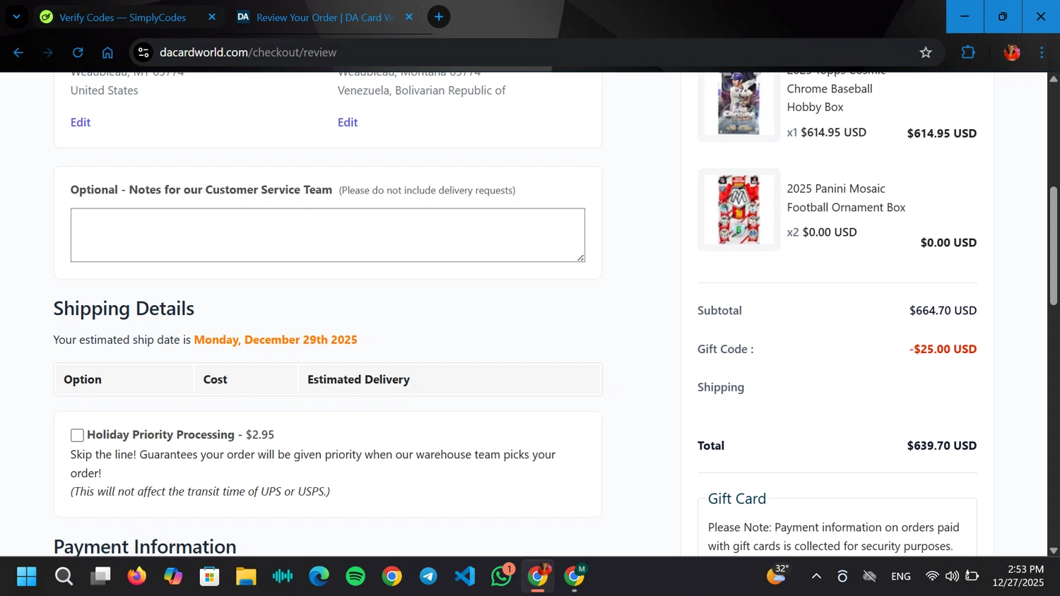 Dave & Adam's coupon code screenshot showing code 222-2RLW applied at Dave & Adam's checkout page. Uploaded by SimplyCodes community member ELGOAT on Dec 27, 2025