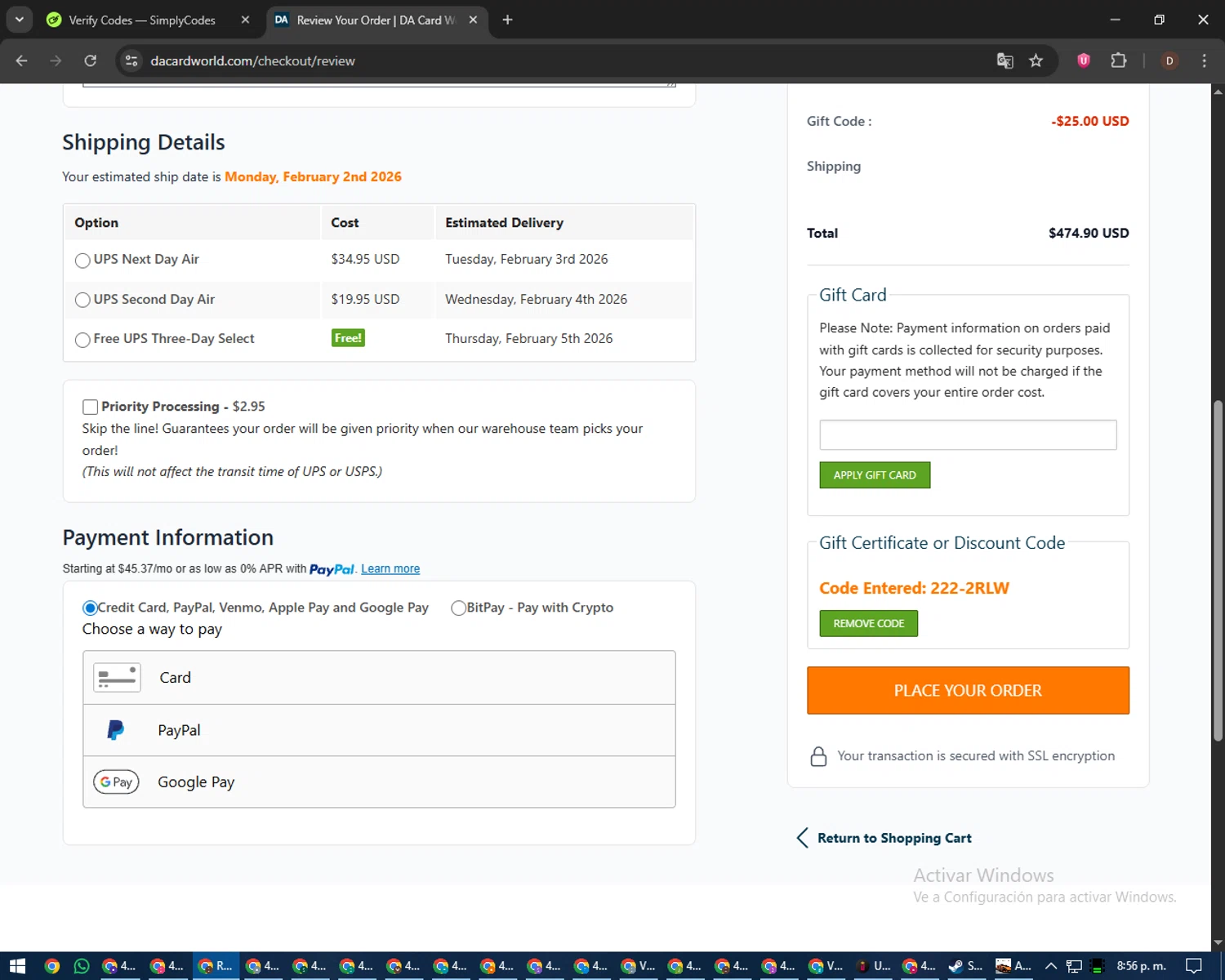 Dave & Adam's checkout page showing Dave & Adam's coupon code box | Screenshot taken by SimplyCodes community member on Jan 31, 2026