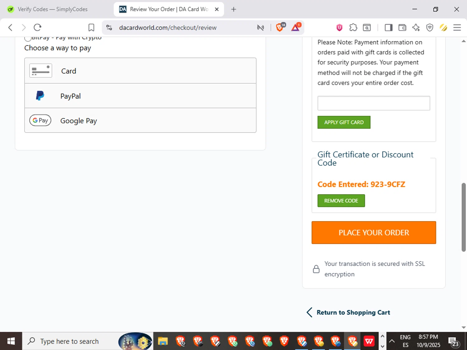 Dave & Adam's coupon code screenshot showing code 923-9CFZ applied at Dave & Adam's checkout page. Uploaded by SimplyCodes community member GoldGuardian667 on Oct 10, 2025
