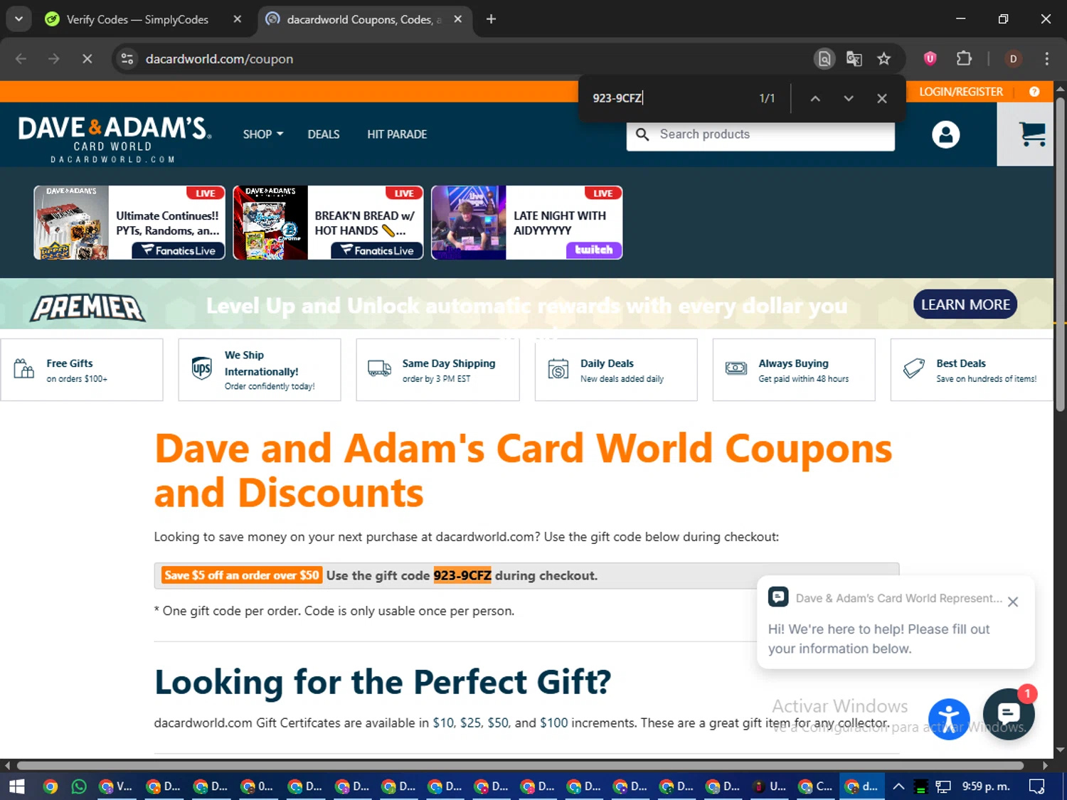 Dave & Adam's coupon code screenshot showing code 923-9CFZ applied at Dave & Adam's checkout page. Uploaded by SimplyCodes community member liltecca on Oct 10, 2025