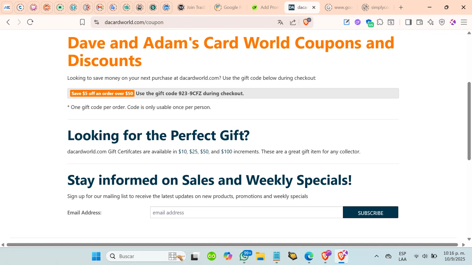 Dave & Adam's coupon code screenshot showing code 923-9CFZ applied at Dave & Adam's checkout page. Uploaded by SimplyCodes community member cosita on Sep 11, 2025