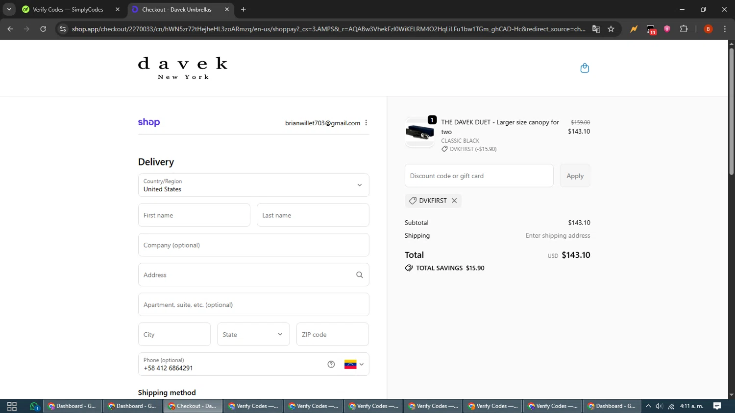 Davek Umbrellas promo code screenshot showing code DVKFIRST applied at Davek Umbrellas checkout page. Uploaded by SimplyCodes community member BrilliantLynx7174 on Dec 3, 2025