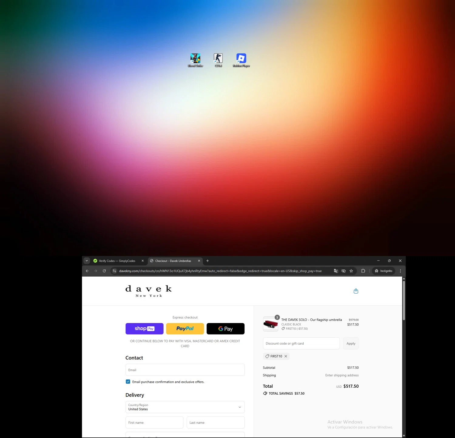 Davek Umbrellas promo code screenshot showing code FIRST10 applied at Davek Umbrellas checkout page. Uploaded by SimplyCodes community member CRF250CC on Jul 26, 2025