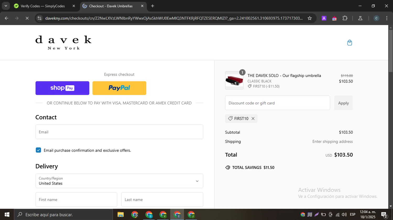 Davek Umbrellas promo code screenshot showing code FIRST10 applied at Davek Umbrellas checkout page. Uploaded by SimplyCodes community member SwiftTracker9305 on Jan 18, 2025