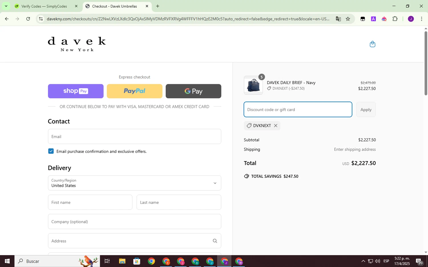 Davek Umbrellas promo code screenshot showing code DVKNEXT applied at Davek Umbrellas checkout page. Uploaded by SimplyCodes community member SmartWhiz1165 on Apr 17, 2025
