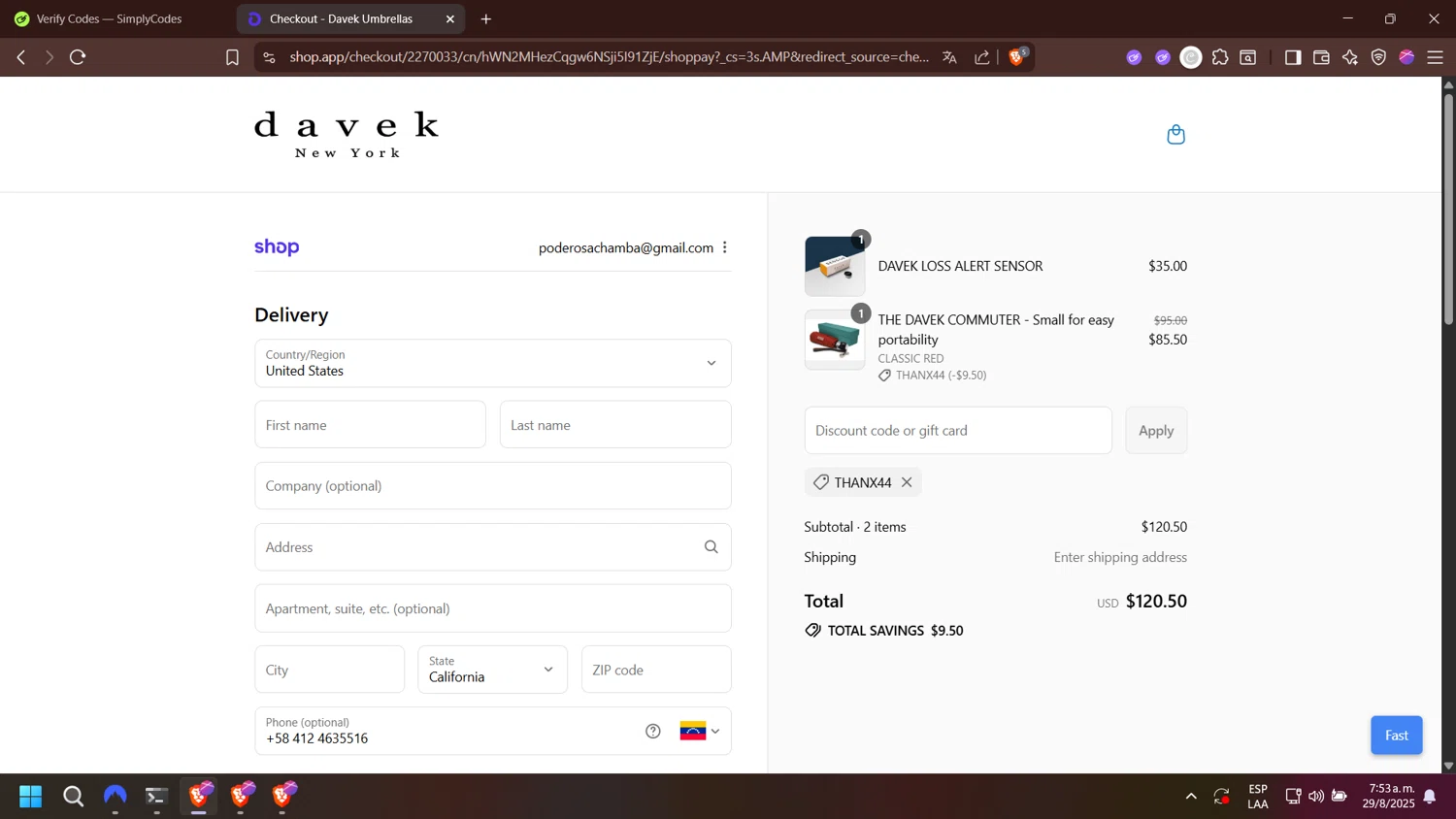 Davek Umbrellas promo code screenshot showing code THANX44 applied at Davek Umbrellas checkout page. Uploaded by SimplyCodes community member esperanza on Aug 29, 2025