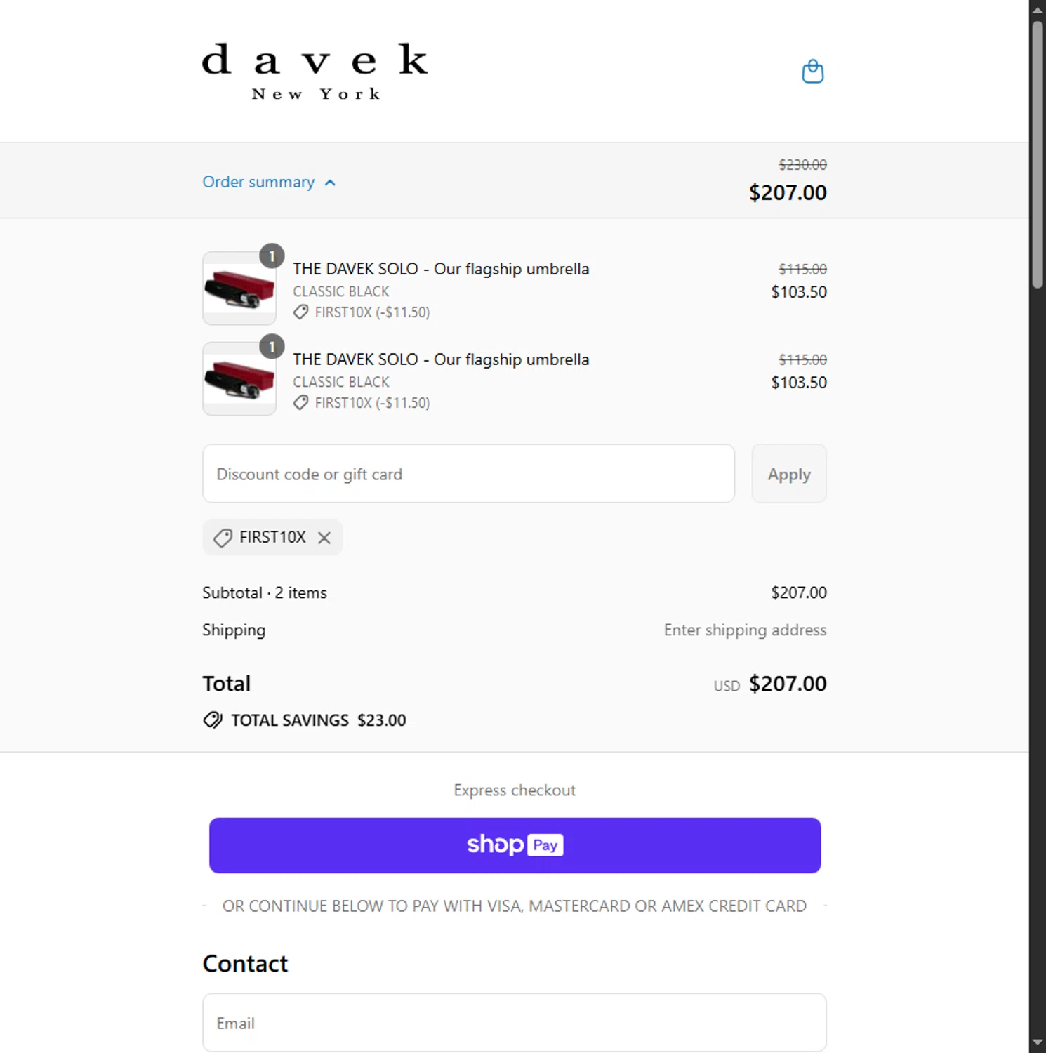 Davek Umbrellas promo code screenshot showing code FIRST10X applied at Davek Umbrellas checkout page. Uploaded by SimplyCodes community member PennyScholar504 on Jul 17, 2025