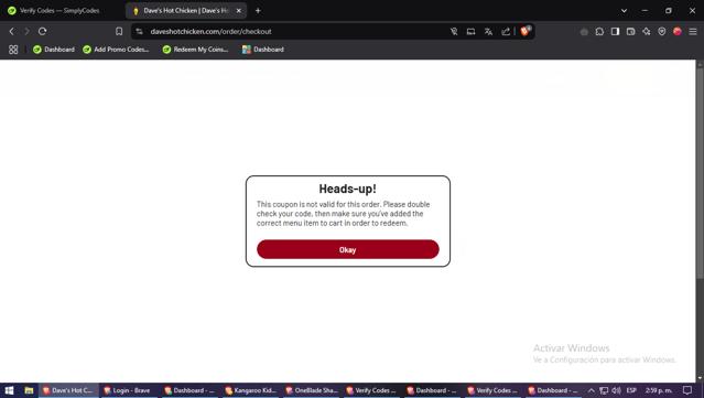 Dave’s Hot Chicken checkout page showing Dave’s Hot Chicken promo code box | Screenshot taken by SimplyCodes community member on Feb 16, 2025