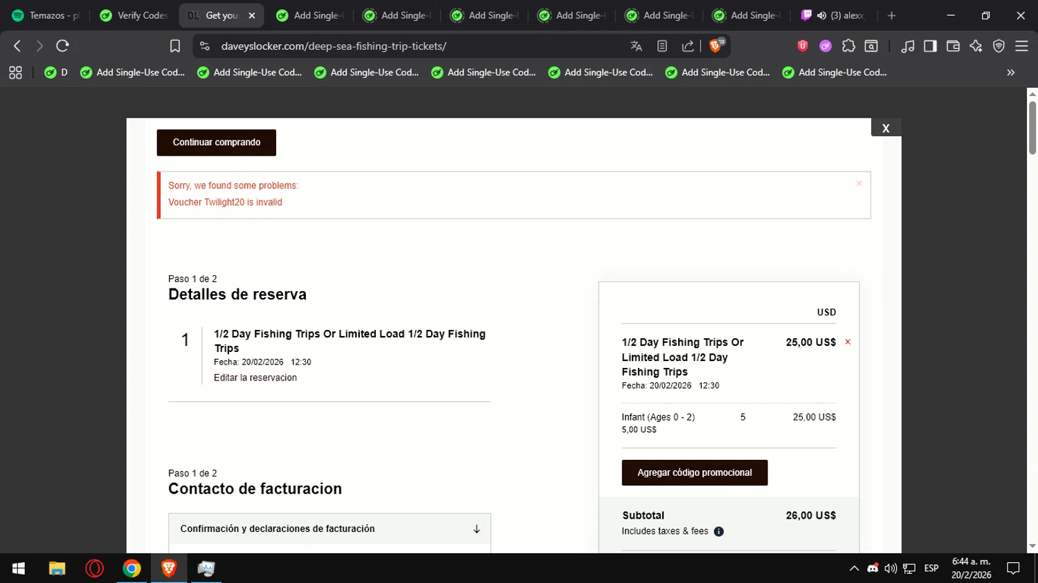 Davey's Locker promo code screenshot showing code Twilight20 applied at Davey's Locker checkout page. Uploaded by SimplyCodes community member Ultrapapu on Feb 20, 2026