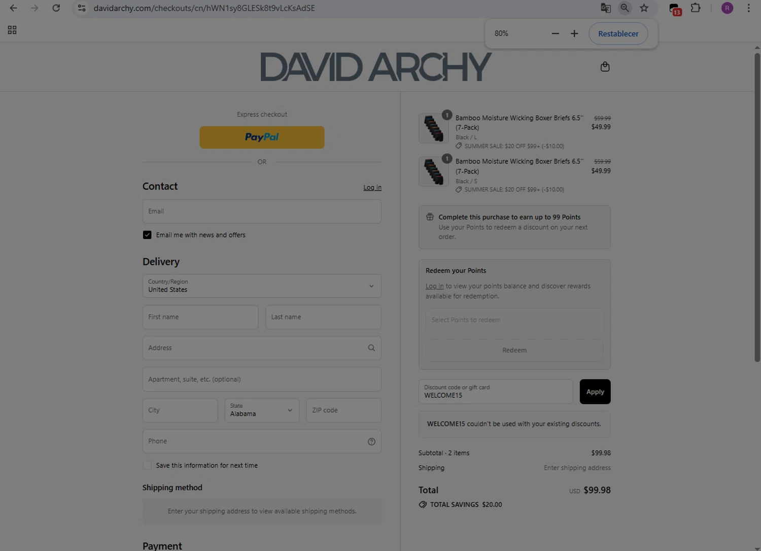 David Archy discount code screenshot showing code WELCOME15 applied at David Archy checkout page. Uploaded by SimplyCodes community member GloriousMaven6295 on Aug 17, 2025