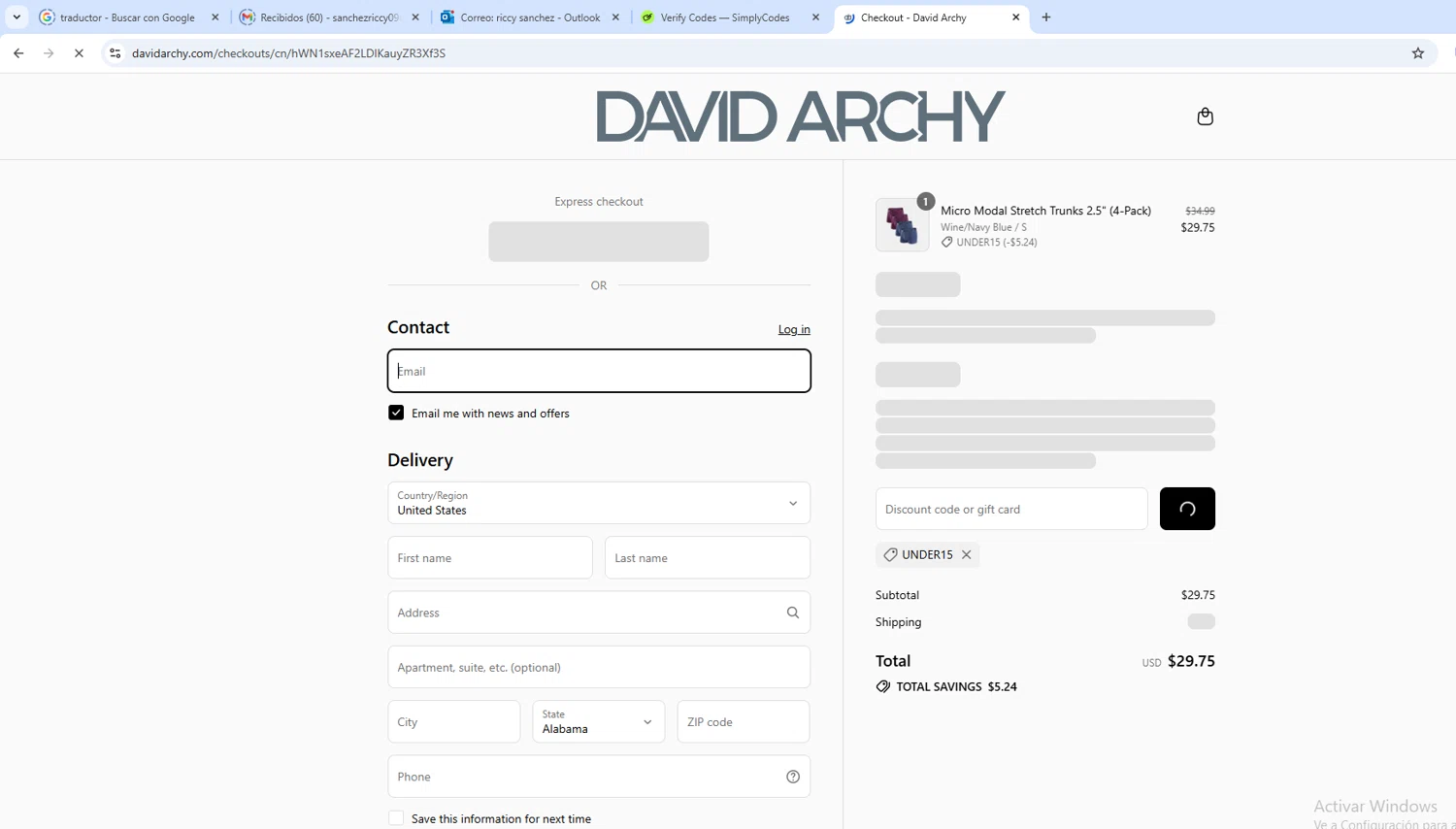 David Archy discount code screenshot showing code UNDER15 applied at David Archy checkout page. Uploaded by SimplyCodes community member ShieldWarden5142 on Aug 17, 2025