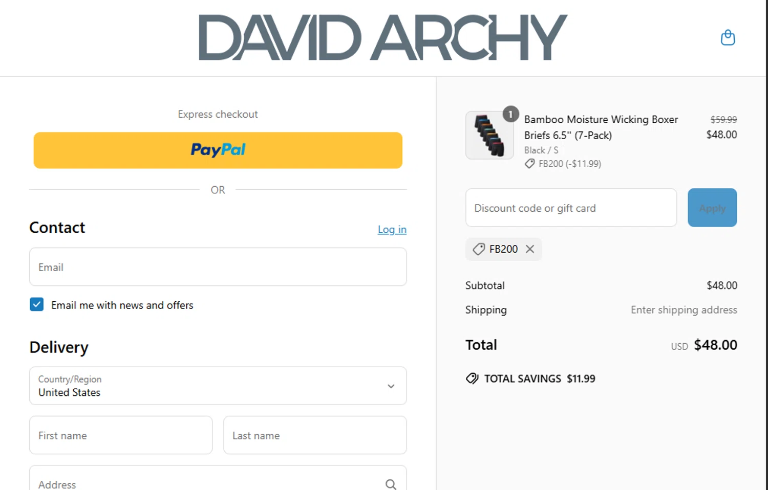David Archy discount code screenshot showing code FB200 applied at David Archy checkout page. Uploaded by SimplyCodes community member SwiftTracker8156 on Jun 18, 2025